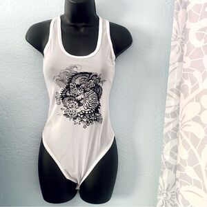 Rock Rose Couture Black & White Mesh Chinese Tiger & Dragon Bodysuit Size Small